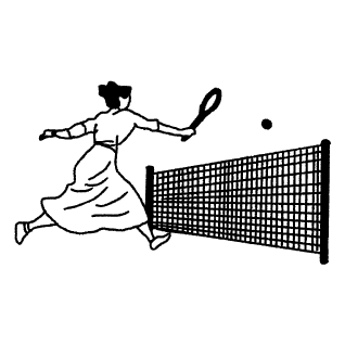 A black and white drawing of a woman playing tennis.