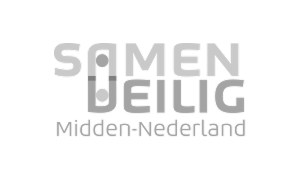 Logo met tekst 'Samen Veilig Midden-Nederland' met een stijlvol sloticoon in de tekst.