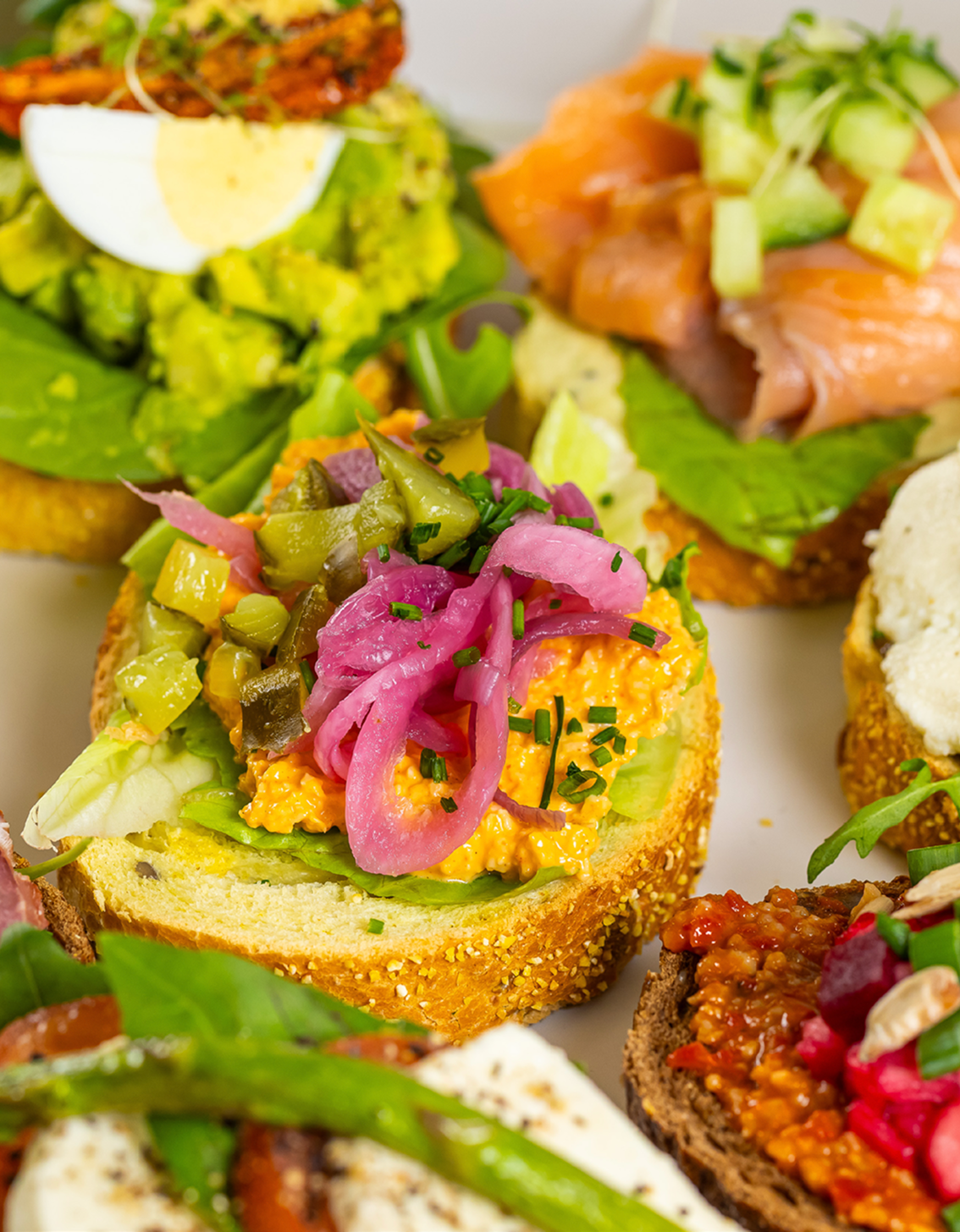 Diverse open sandwiches met kleurrijke toppings zoals gerookte zalm, ei, augurken, rode ui, sla en verschillende spread varianten.
