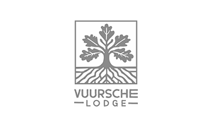 Logo van Vuursche Lodge met een gestileerde eik en wortels binnen een vierkant.