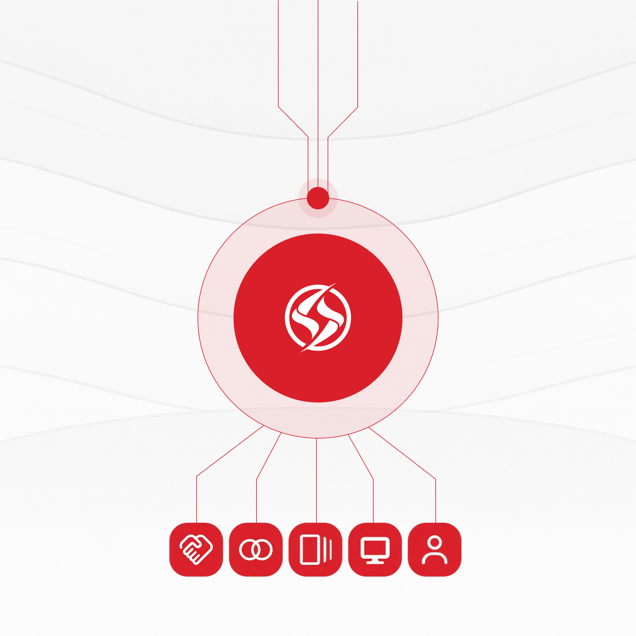 Central red circle with a white abstract logo connected by lines to five smaller red squares with white icons: handshake, linked circles, stacked cards, computer monitor, and user profile.