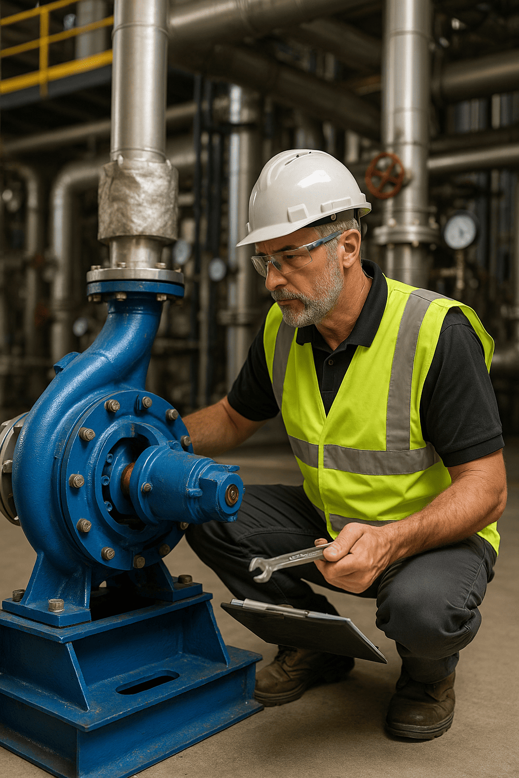 Trabajador con casco blanco, gafas de seguridad y chaleco reflectante amarillo revisa una bomba industrial azul en una planta.