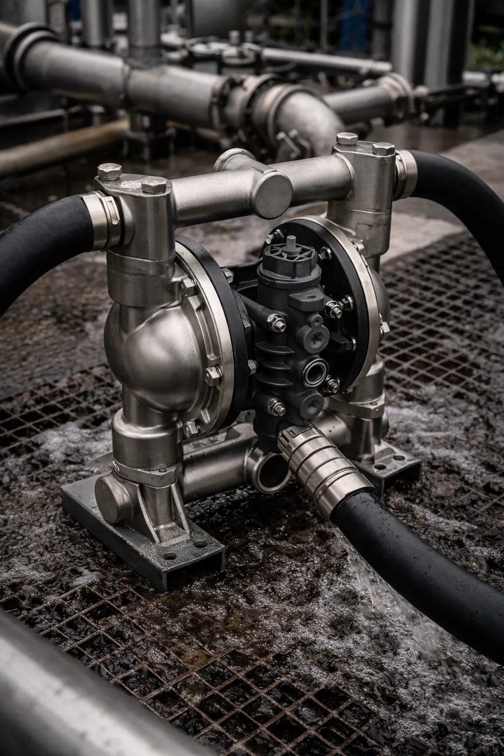 Bomba de doble diafragma trabajando en un proceso de tratamiento de agua.