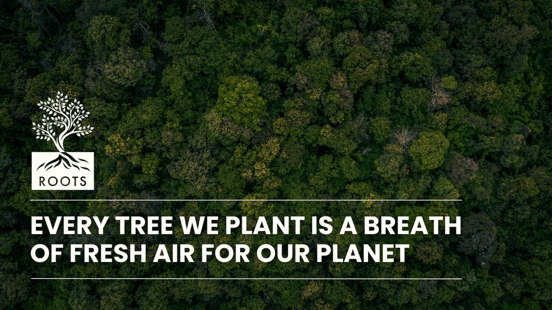 A dense forest canopy with text overlay: "Every tree we plant is a breath of fresh air for our planet.