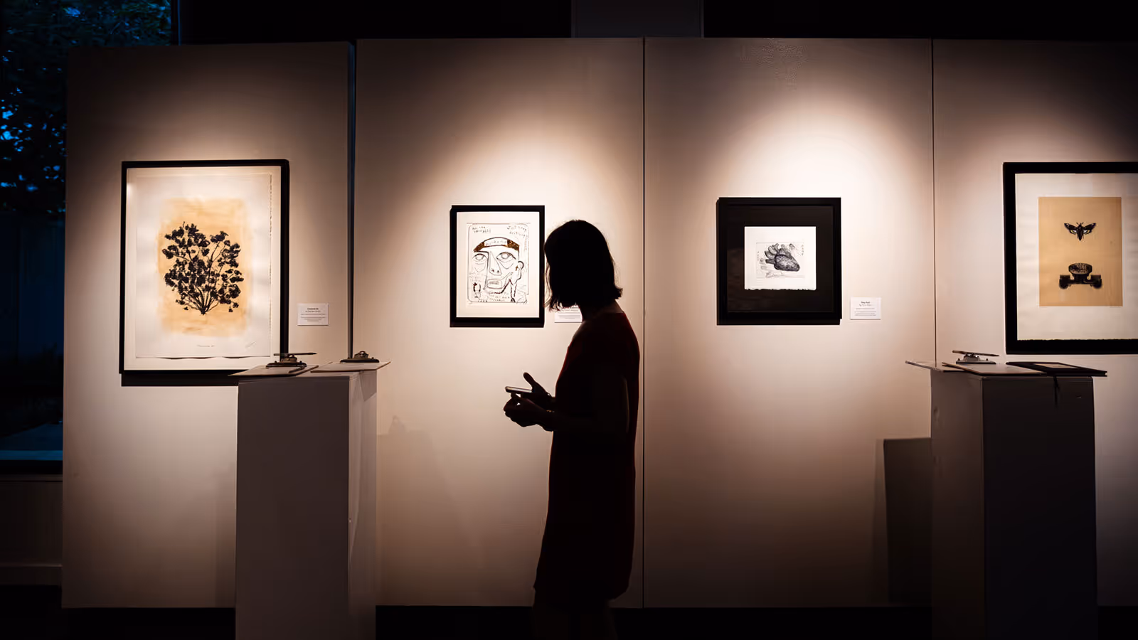 A person in silhouette stands in front of framed artwork displayed on a gallery wall with spotlights.