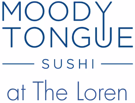 Logo text reading Moody Tongue Sushi at The Loren in blue thin letters on white background.