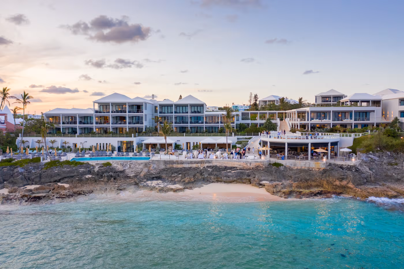 Wide view of hotel with event on deck