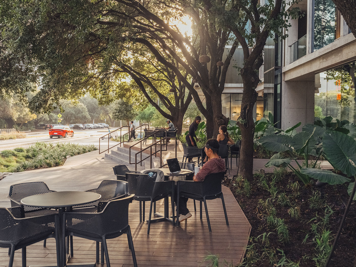 People sit and work at outdoor tables under trees near a building, with sunlight filtering through the branches.