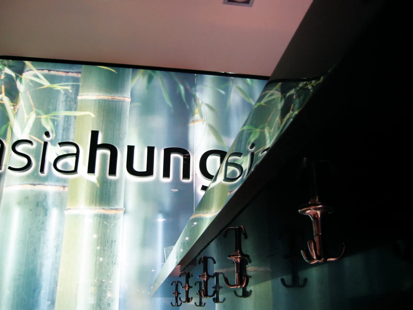 Wand mit mehreren glänzenden Metallhaken vor einer Wand mit Bambus und einem teilweise sichtbaren Text.