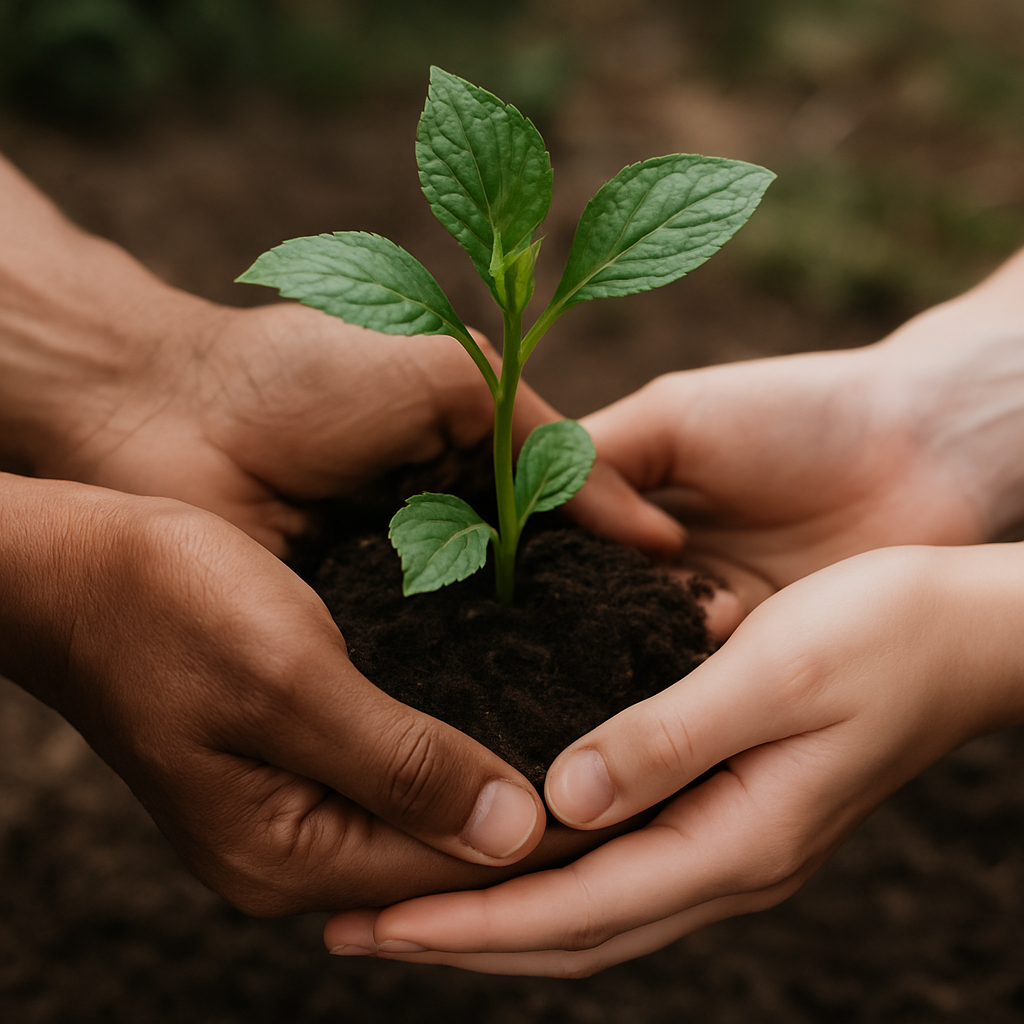 hands holding a small plant in dirt