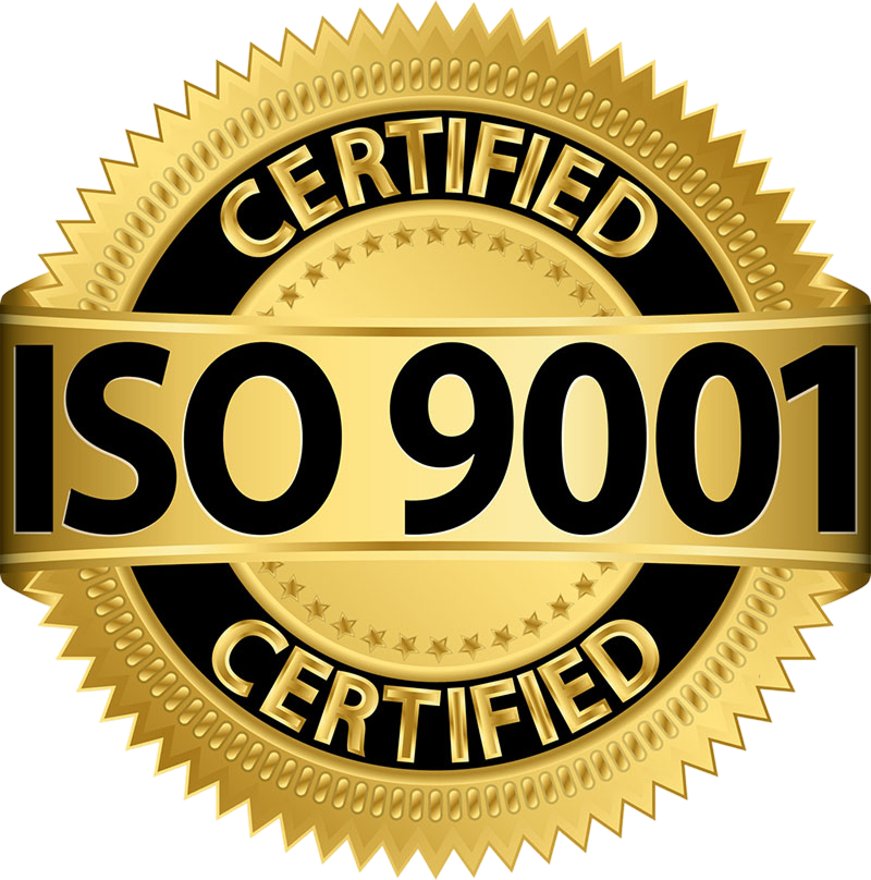 Gold seal with the text 'ISO 9001 Certified' in bold black and gold letters.