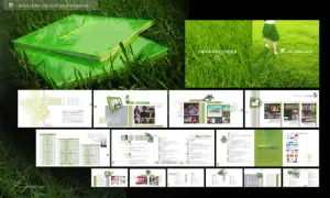 A portfolio spread showcasing a corporate brochure design. The top features a dynamic mockup of the green brochure on grass and an editorial photo. Below, multiple inner pages are arranged in a multi-row grid matrix against a dark background, demonstrating a cohesive and comprehensive branding layout.
