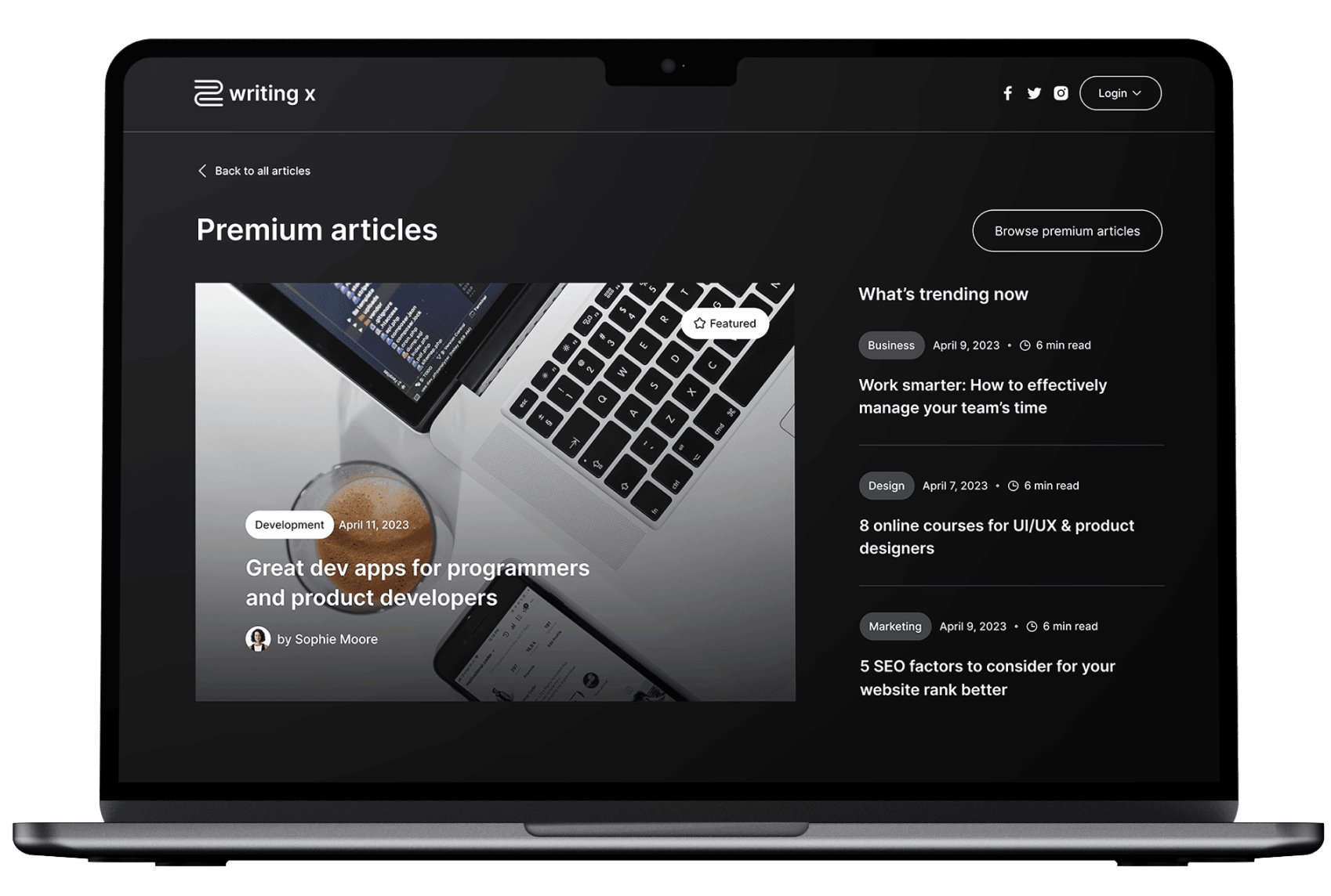 Black Laptop Front Image - Writing X Webflow Template