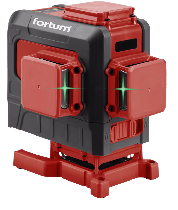 Red and black Fortum laser level tool emitting green laser beams from two sides.