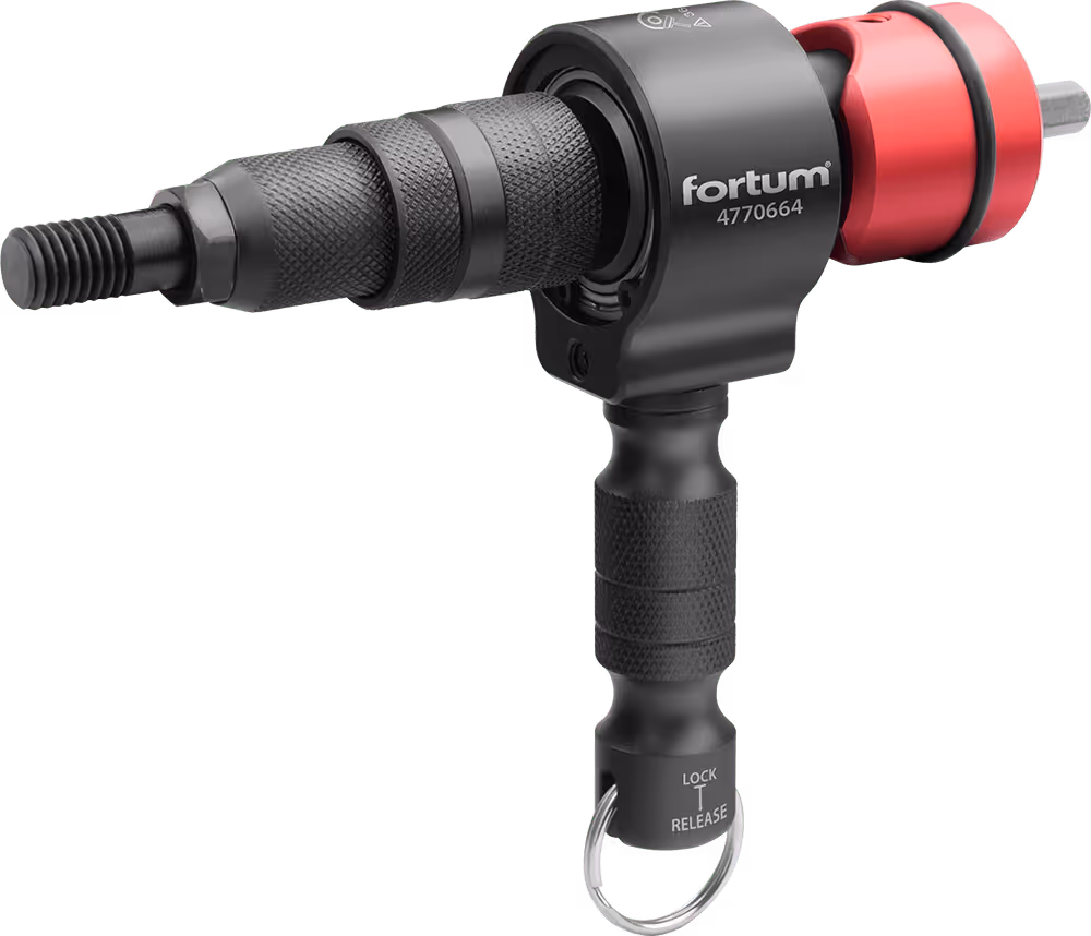 Fortum branded black and red mechanical tool with knurled grip and lock release ring.