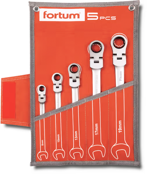 Set of five Fortum ratcheting wrenches in sizes 8mm, 10mm, 13mm, 17mm, and 19mm arranged in a red fabric holder.