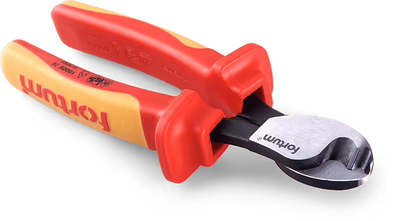 Red and yellow insulated cutting pliers with the brand name Fortuna on the handle and blade.