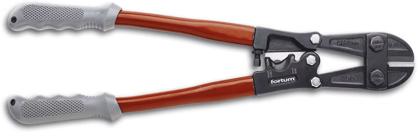 Bolt cutter with red handles and gray grips, featuring a black cutting head labeled Fortum.