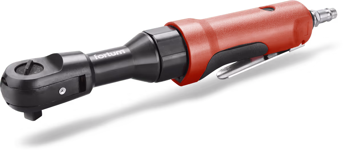 Black and red pneumatic ratchet wrench with a metallic air hose connector and lever.
