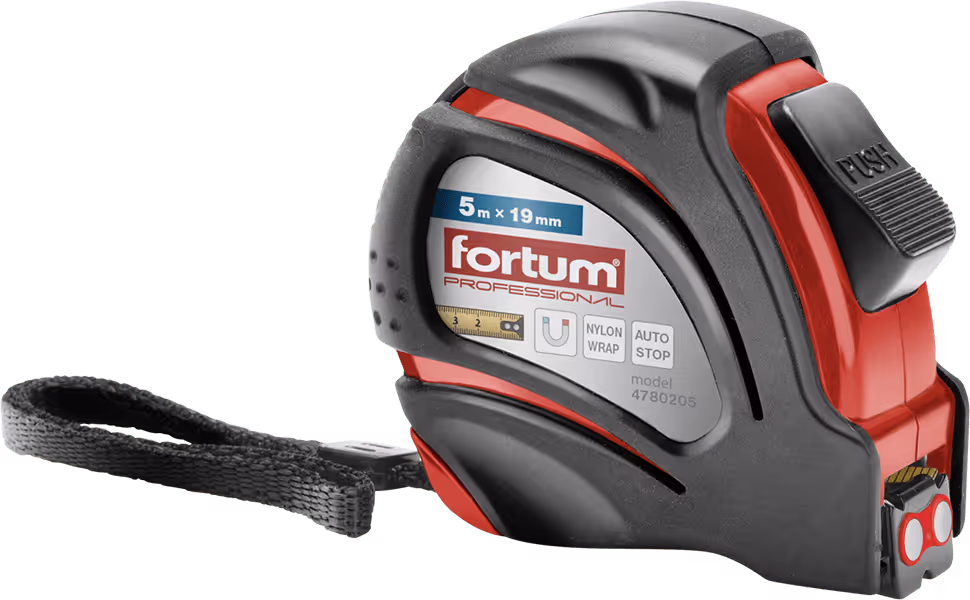 Red and black Fortum Professional tape measure with 5m x 19mm length, nylon wrap, and auto stop feature.