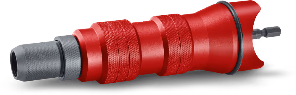 Red and gray metal hand tool with textured grip sections and a hexagonal bit on one end.