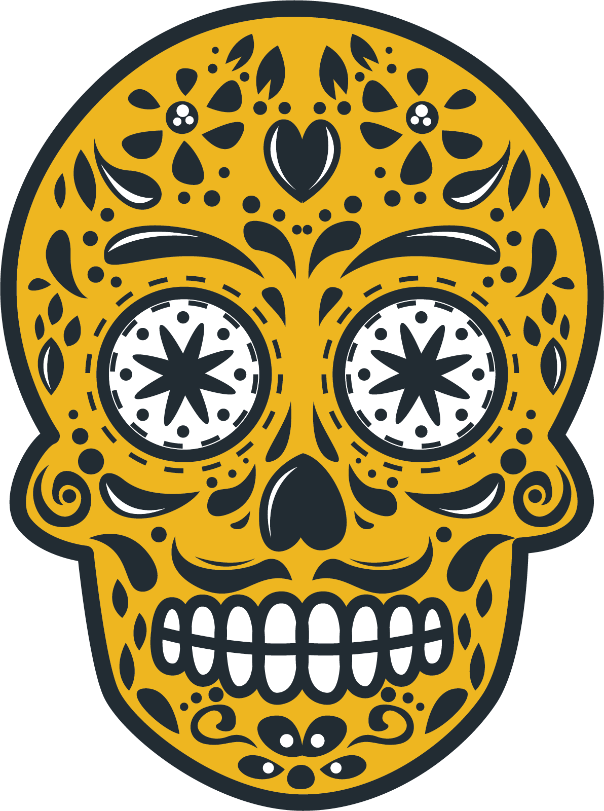 Yellow sugar skull with decorations illustration.