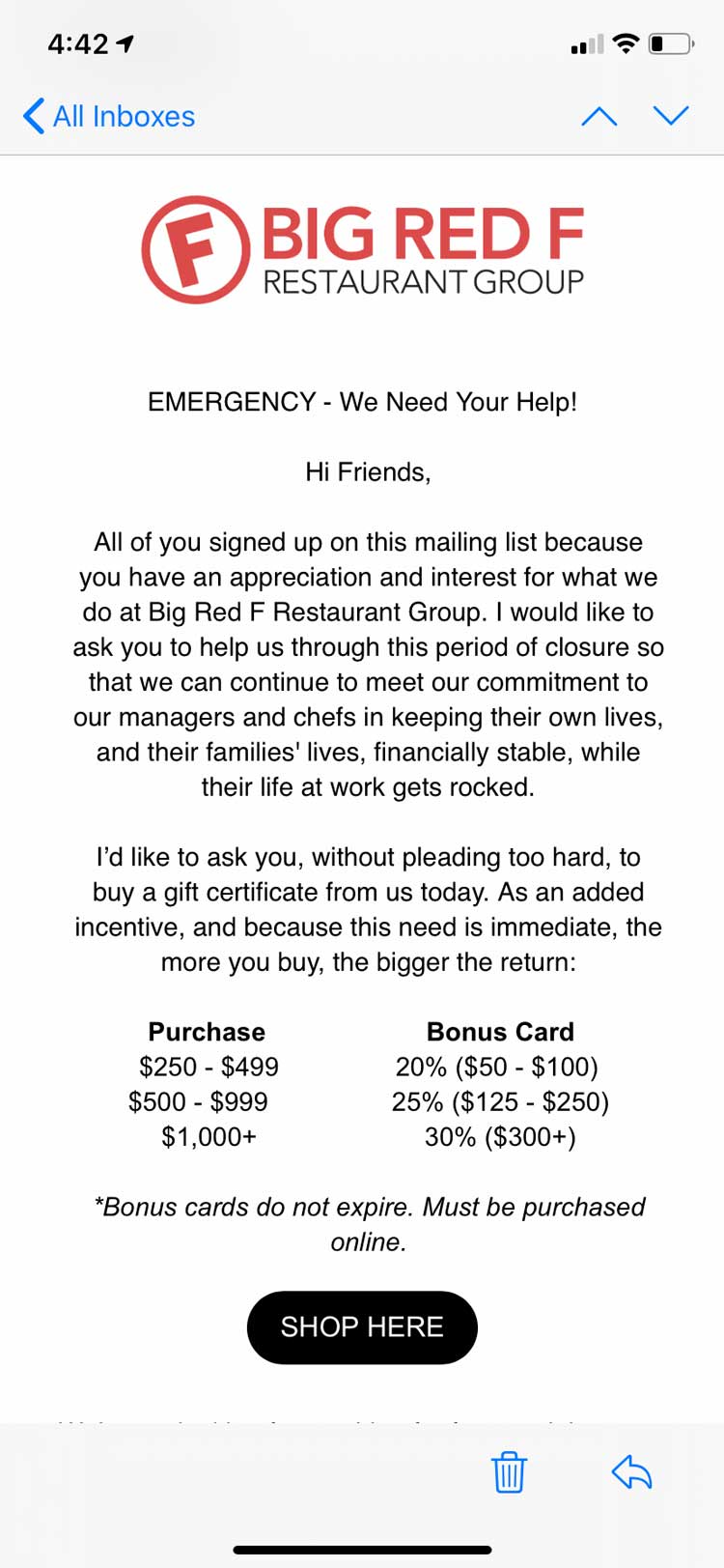 Big Red F gift card email promotion.