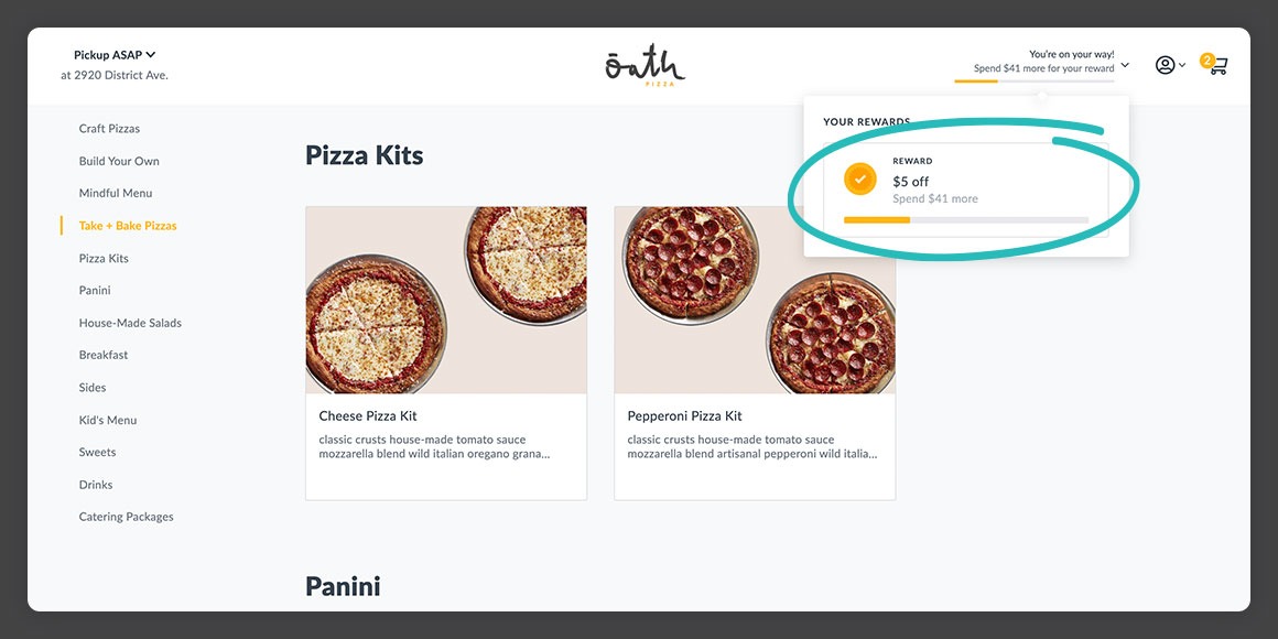 Oath Pizza web ordering experience from Thanx highlighting integrated rewards