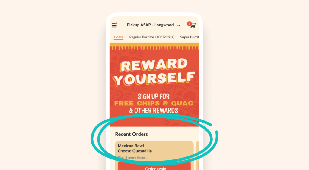 Mobile screen showing a food ordering app with a ‘Reward Yourself’ promo and a highlighted ‘Recent Orders’ section featuring a Mexican Bowl and Cheese Quesadilla.