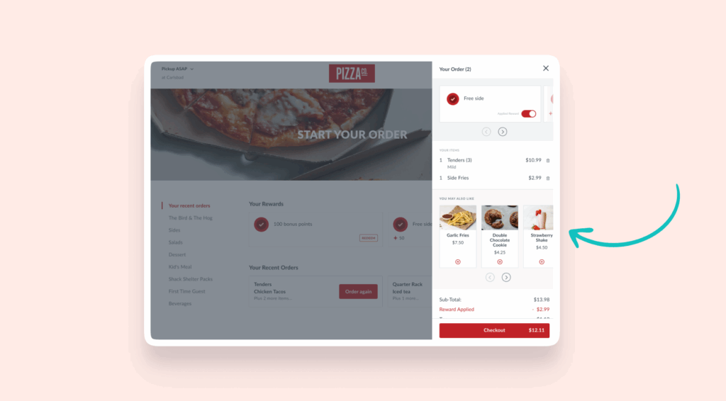 Online food ordering screen from PizzaCo showing a checkout view with item summary, applied reward, and suggested add-ons like garlic fries and a strawberry shake.