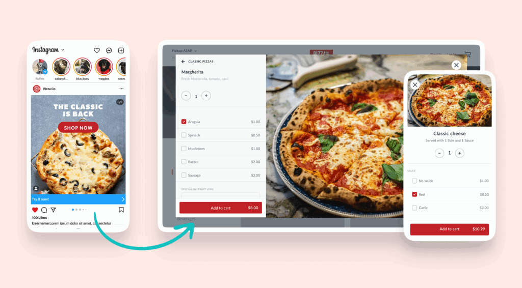Instagram ad for Pizza Co featuring a pizza with ‘Shop Now’ button, shown alongside web and mobile ordering screens displaying customizable Margherita and Classic Cheese pizzas.