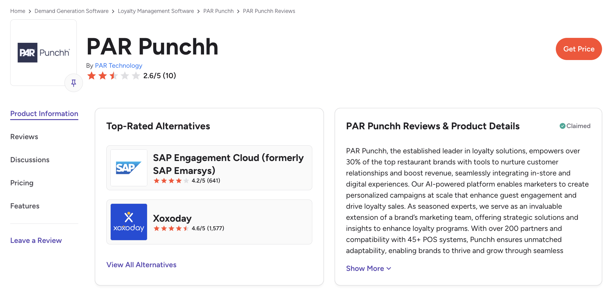 Screenshot of the G2 rating summary for PAR Punchh