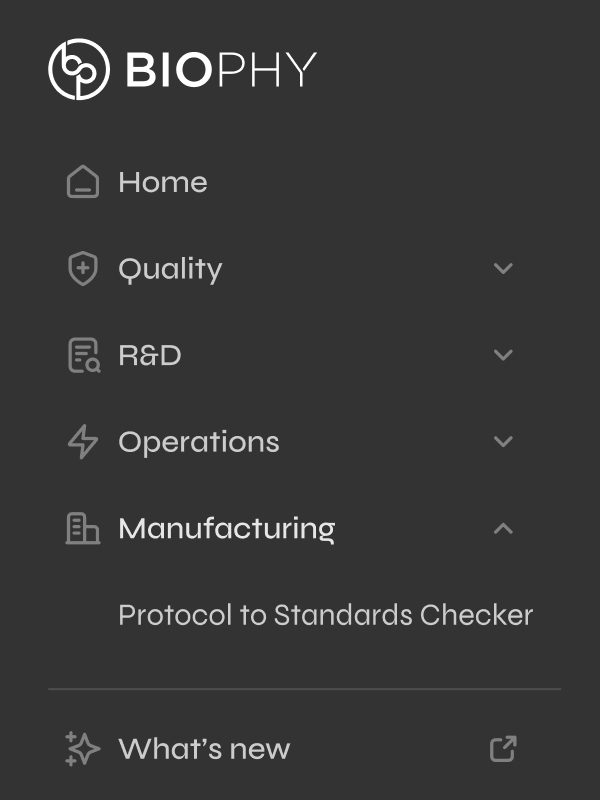 Sidebar menu of Biophy website showing navigation options: Home, Quality, R&D, Operations, Manufacturing with sub-item Protocol to Standards Checker, and What's new.