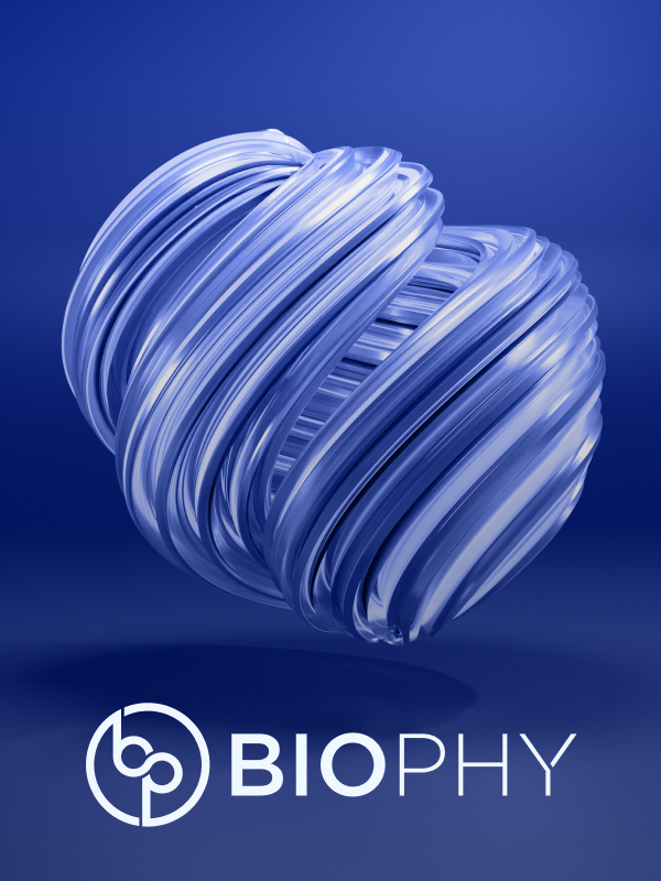 Shiny, twisted translucent blue abstract shape above the white BIOPHY logo on a blue background.