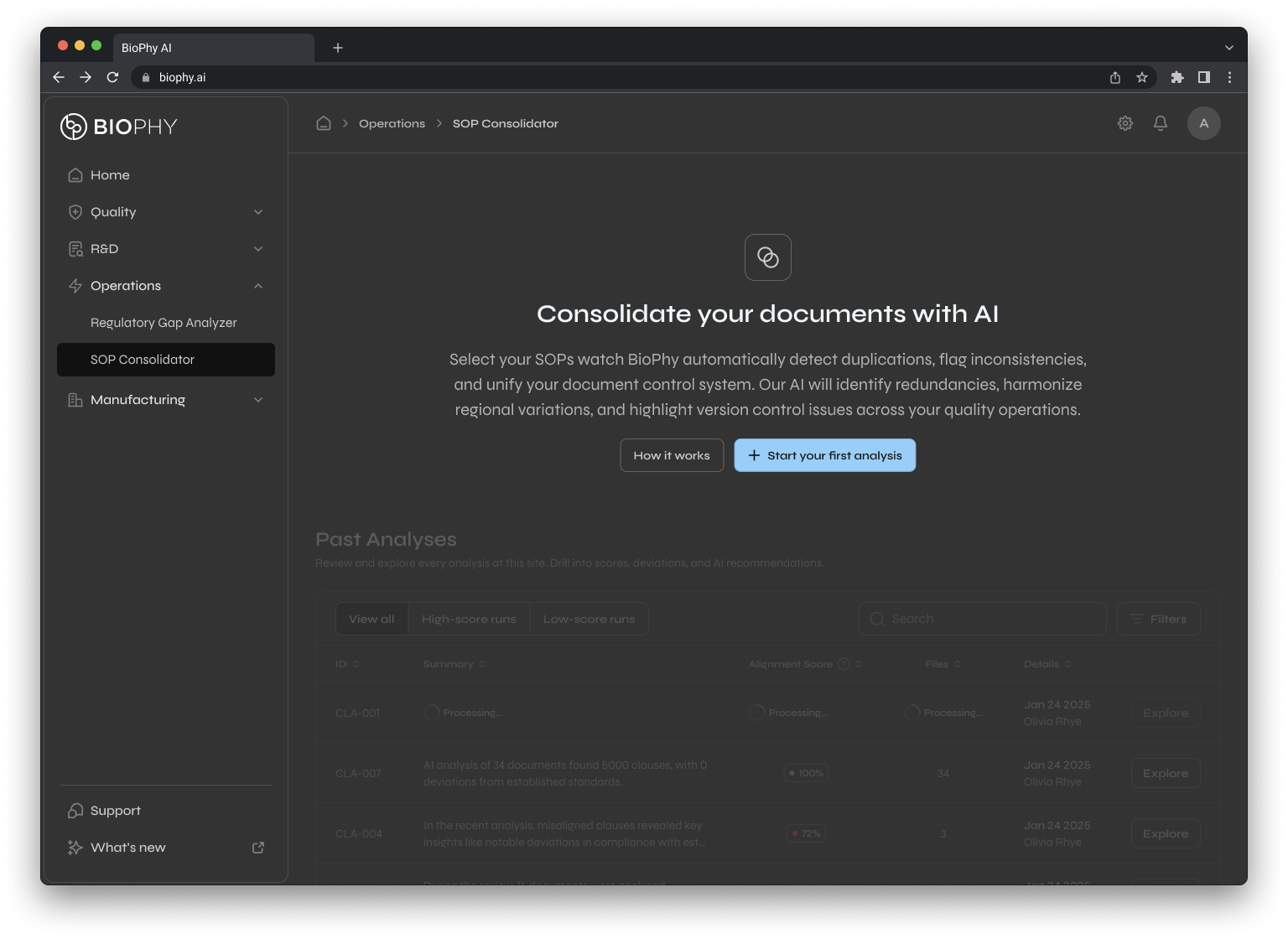 BioPhy AI web interface showing the SOP Consolidator page with options to start analysis and view past analyses for document consolidation using AI.