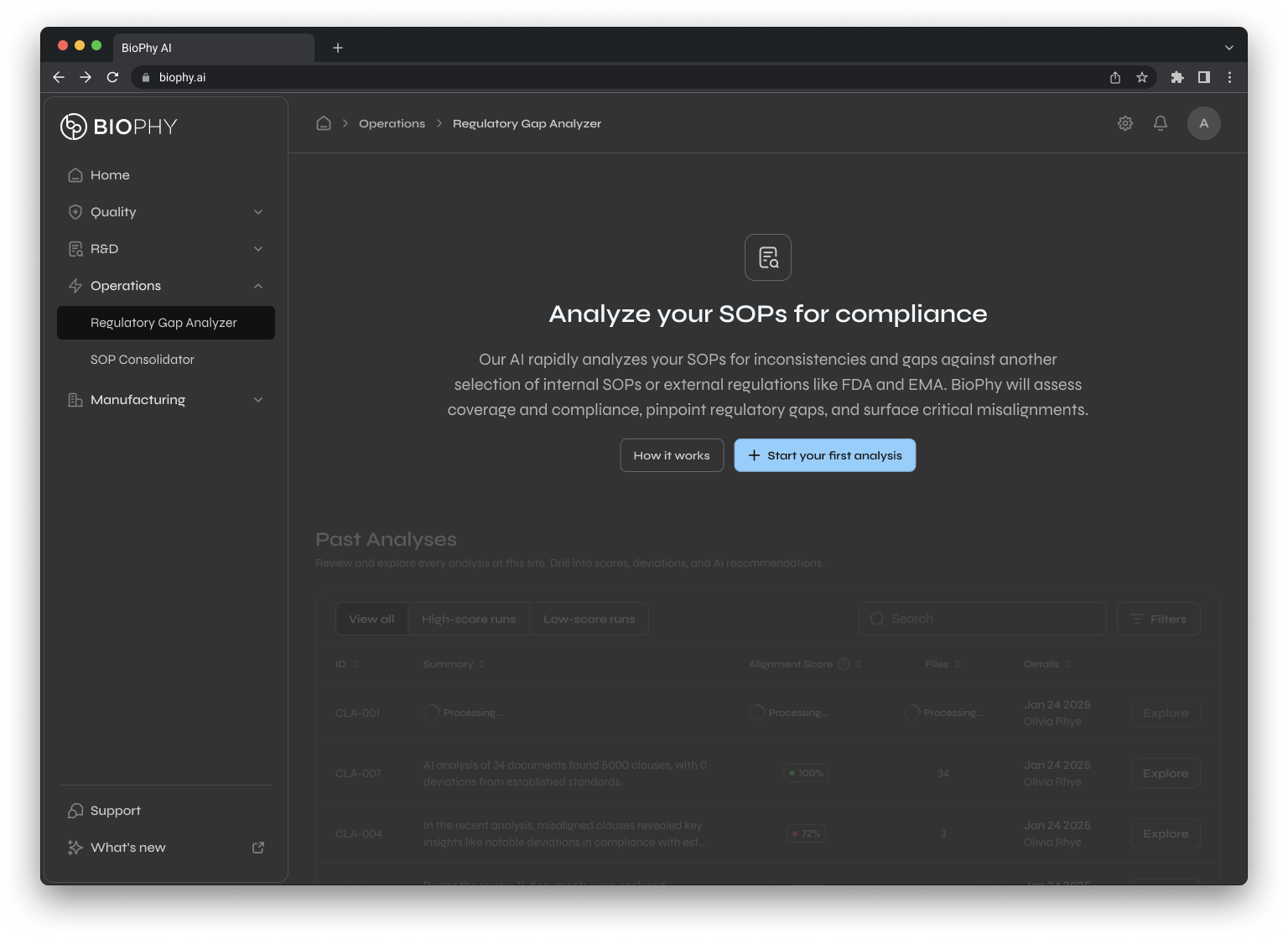BioPhy AI Regulatory Gap Analyzer webpage showing options to analyze SOP compliance with AI, including buttons for 'How it works' and 'Start your first analysis'.