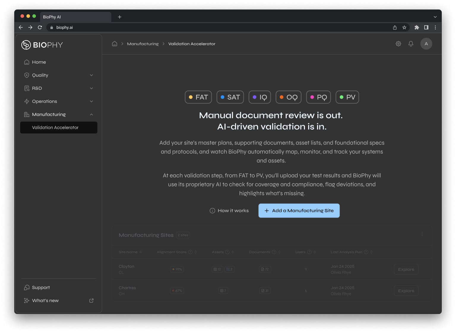 BioPhy AI web app interface showing Validation Accelerator feature with navigation menu and options to add manufacturing sites.