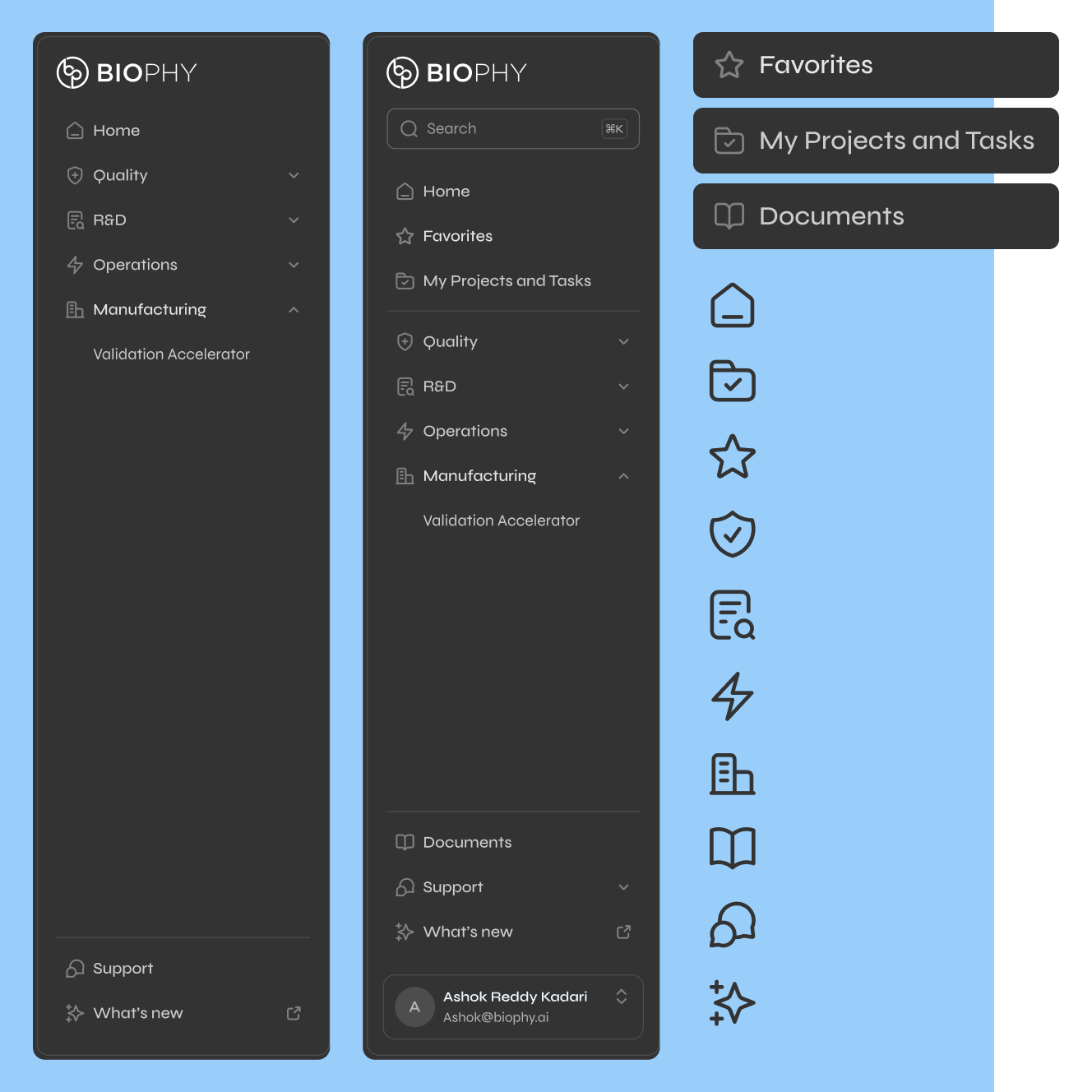 Two dark sidebar menus for BIOPHY application featuring sections for Home, Favorites, My Projects and Tasks, Quality, R&D, Operations, Manufacturing with Validation Accelerator, Documents, Support, What’s new, and a user profile; accompanied by vertical icons representing these menu items.