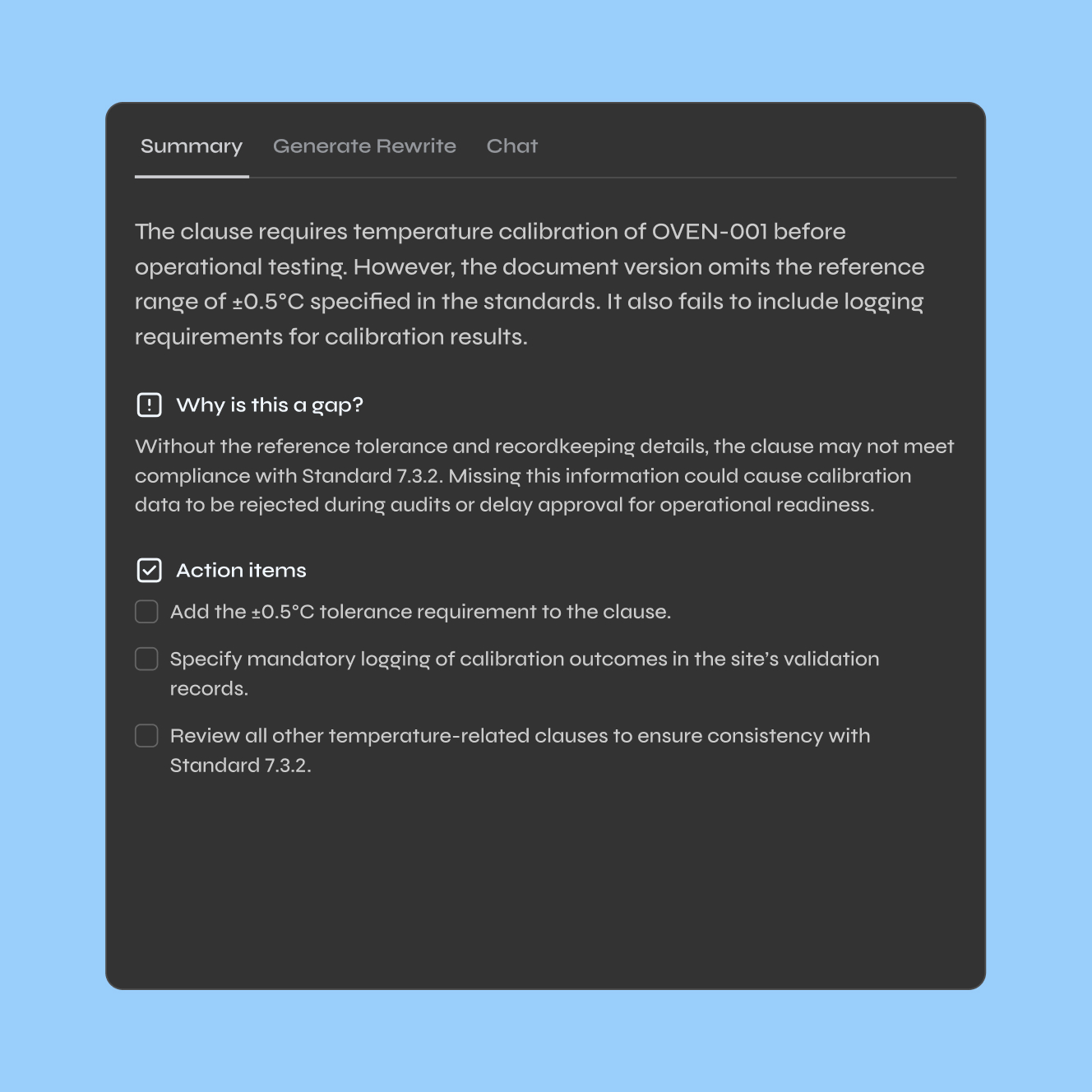 User interface window showing a summary of a temperature calibration gap for OVEN-001 with explanation and action items including adding tolerance requirements and logging calibration outcomes.