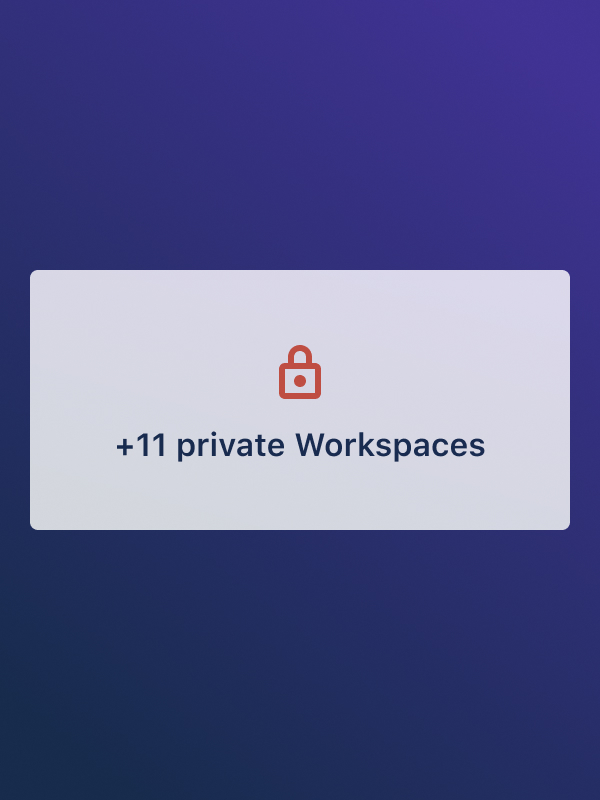 White rectangular card with a red lock icon and text reading '+11 private Workspaces' on a dark blue-purple gradient background.