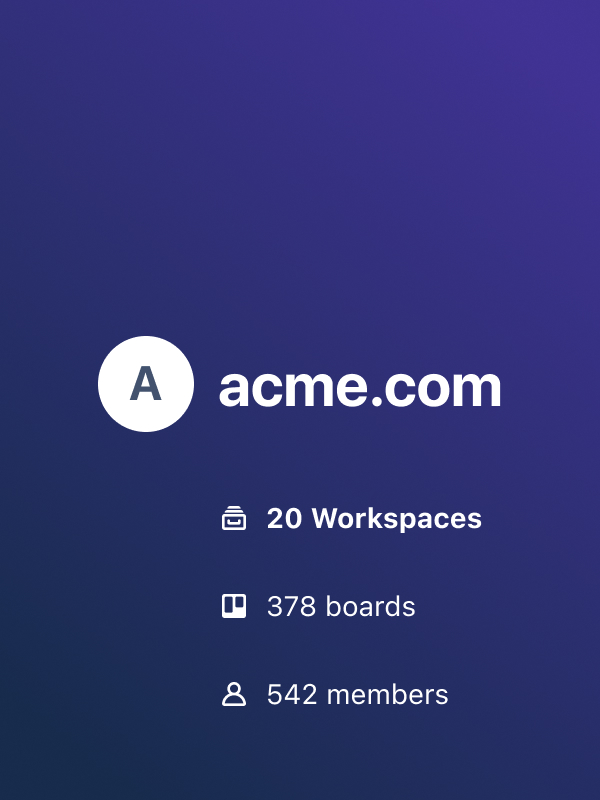 acme.com logo with summary of 20 workspaces, 378 boards, and 542 members on a blue gradient background.