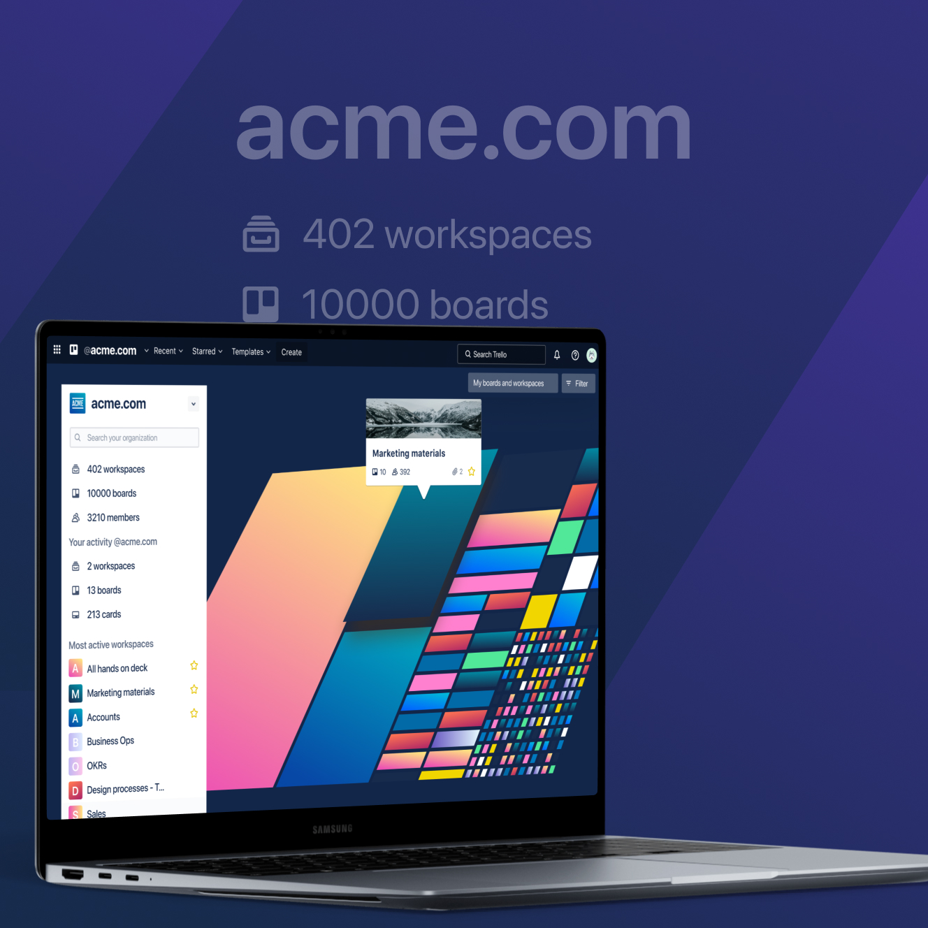 Open laptop displaying acme.com workspace dashboard with colorful project boards and workspace statistics on a blue background.