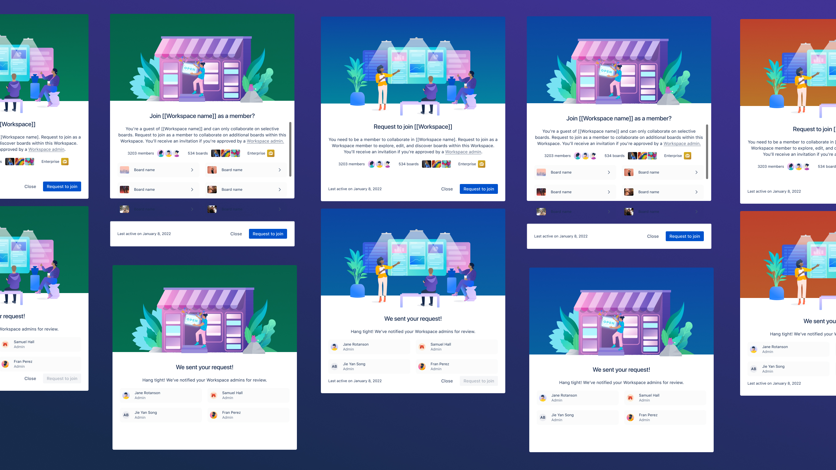 A repeating collage of digital interface screens showing a workspace join request process, including member invitations, board collaborations, and admin review notifications.