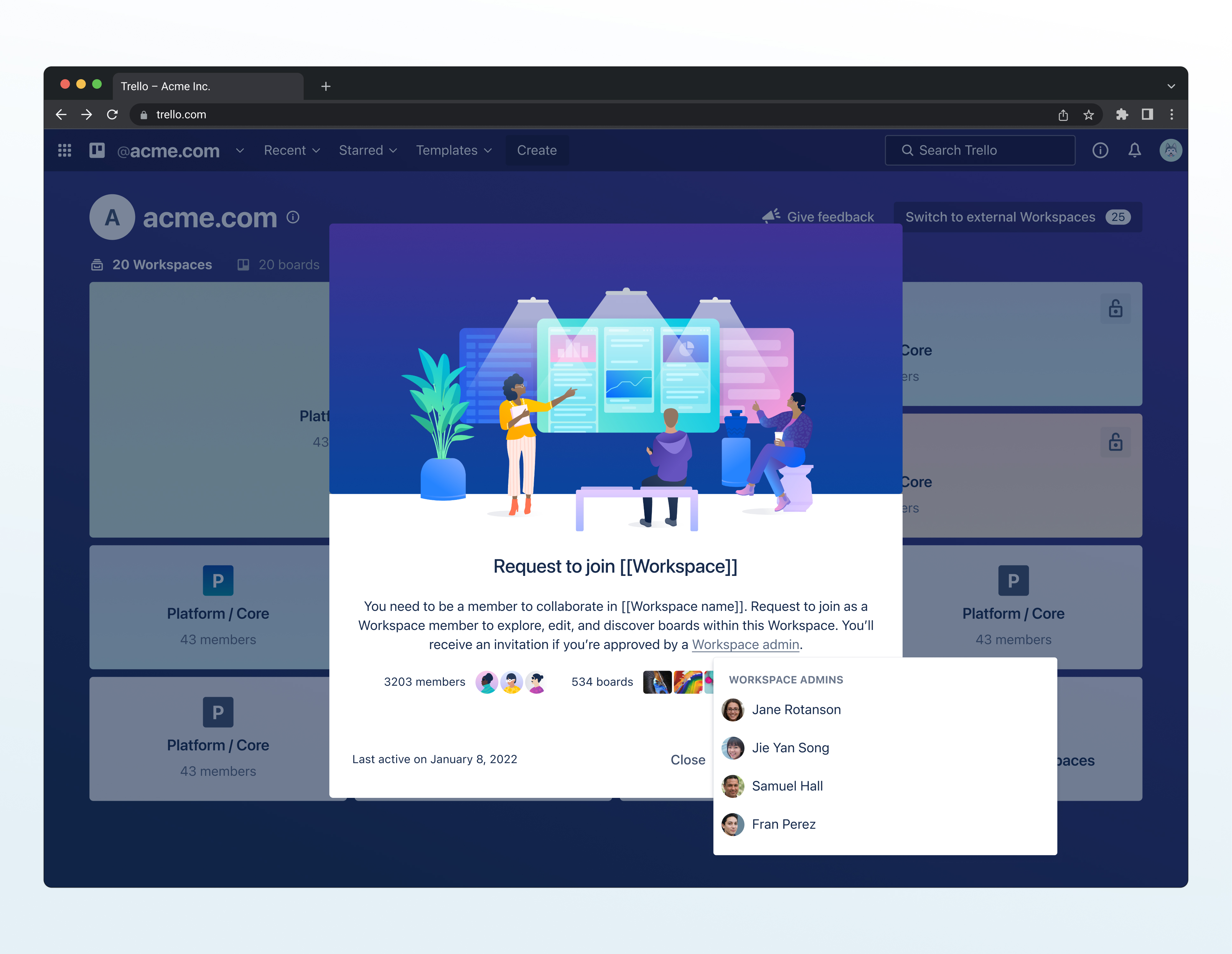 Trello workspace screen showing a popup with a request to join a workspace, illustrations of three people, membership and board stats, and a list of four workspace admins.