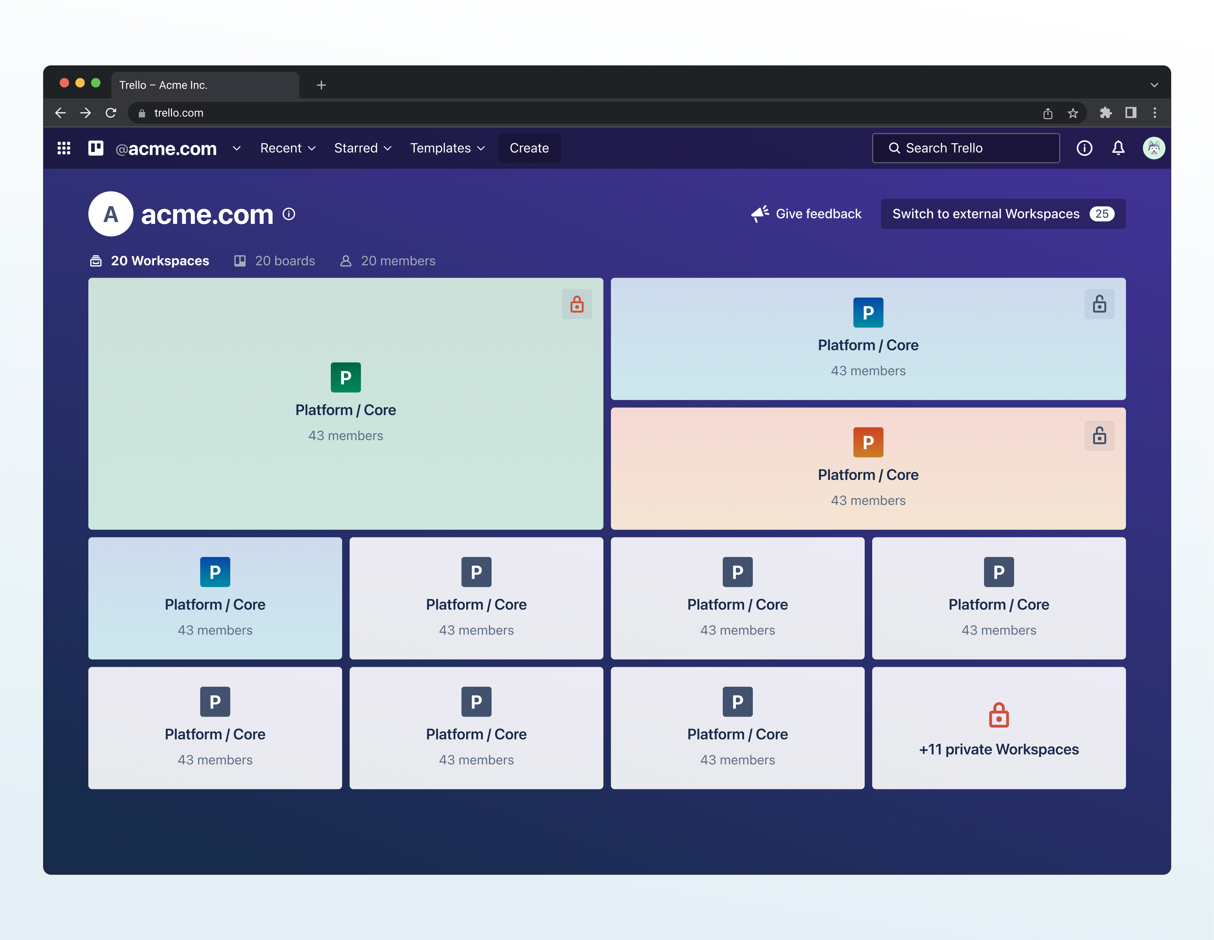 Trello workspace interface showing multiple Platform / Core workspaces each with 43 members, some private and locked.