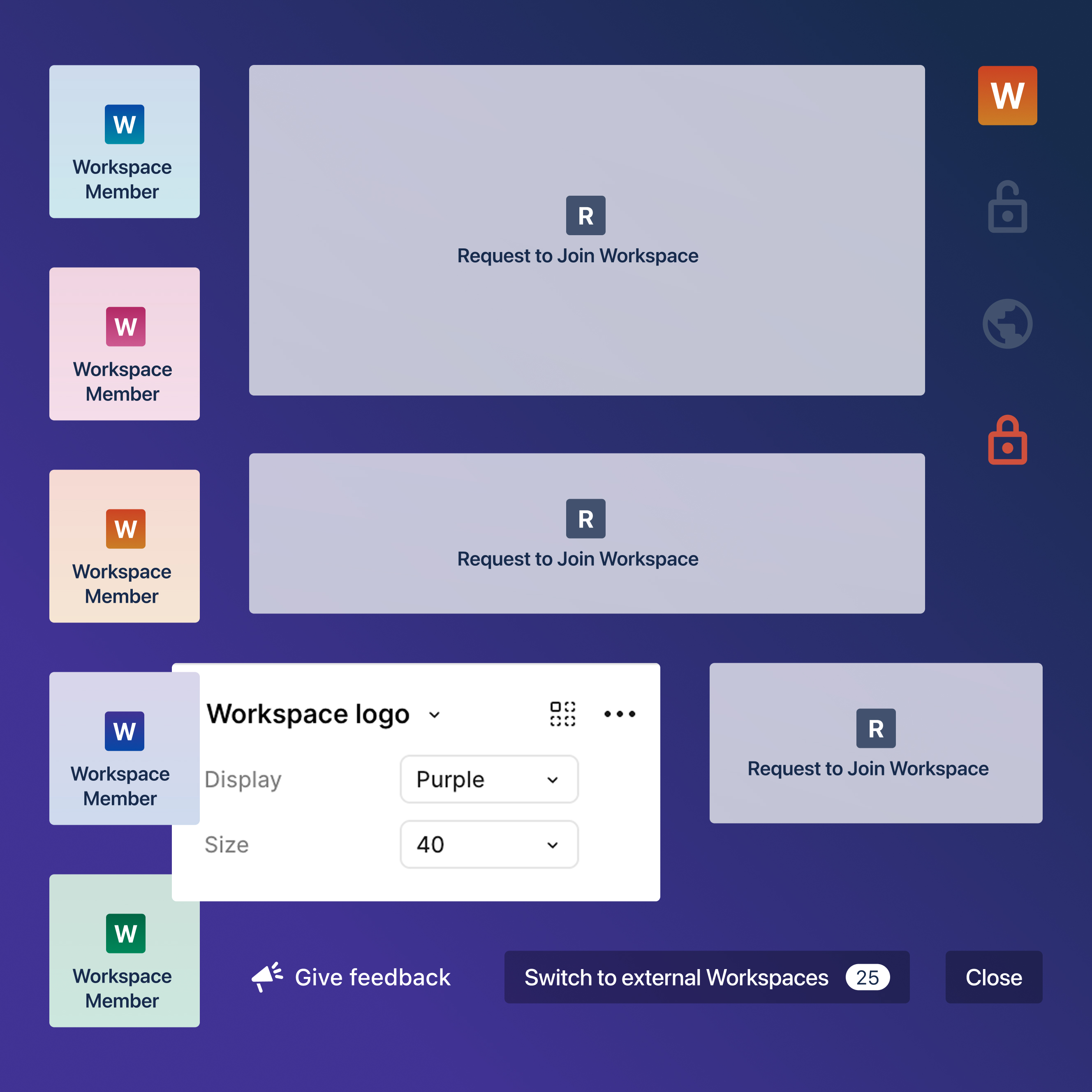 User interface showing multiple workspace member icons, requests to join workspace with lock icons, and a settings panel for workspace logo display and size on a purple background.