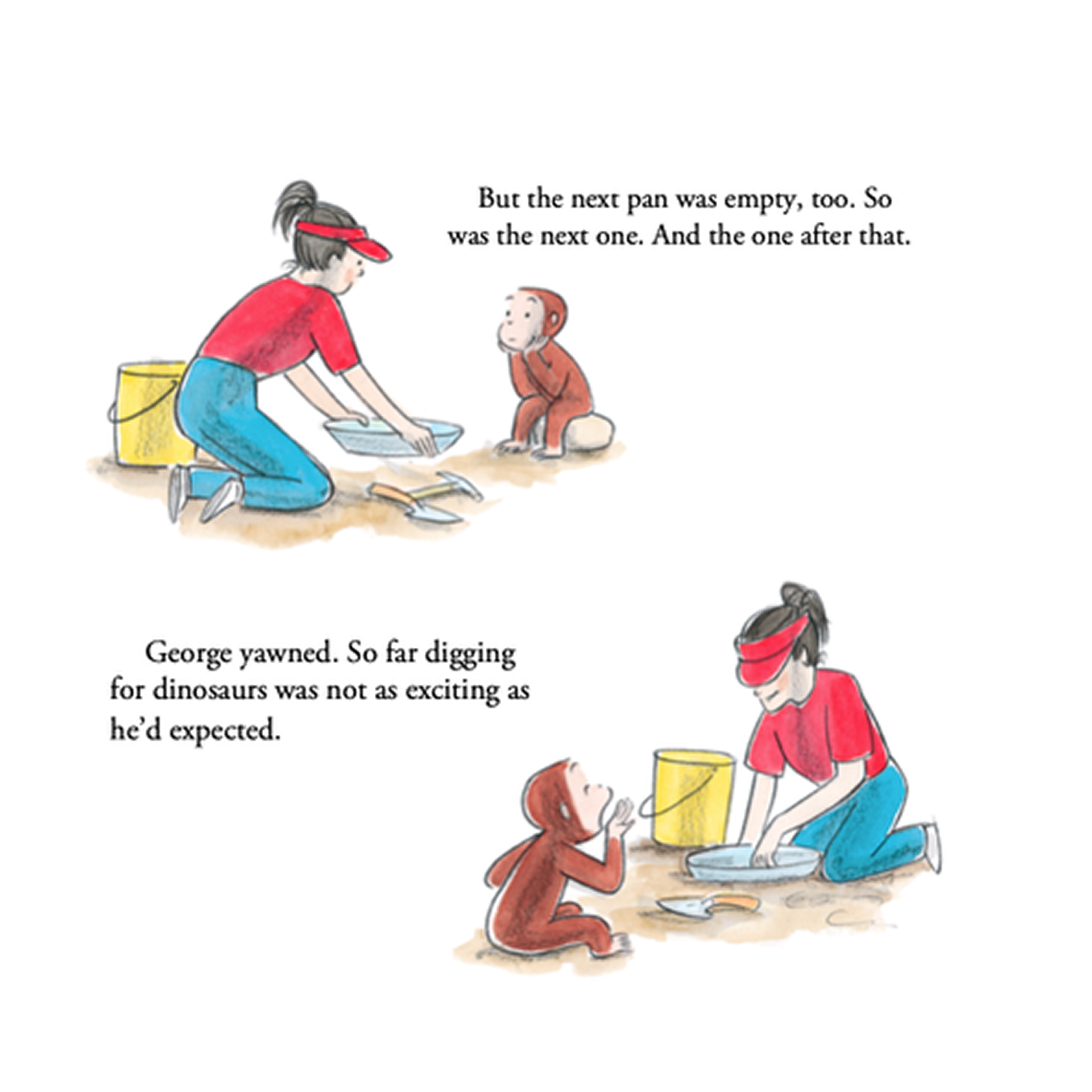 A girl in a red shirt and visor digs with a pan and tools beside a small monkey in a brown outfit, both seated on sandy ground with a yellow bucket nearby.