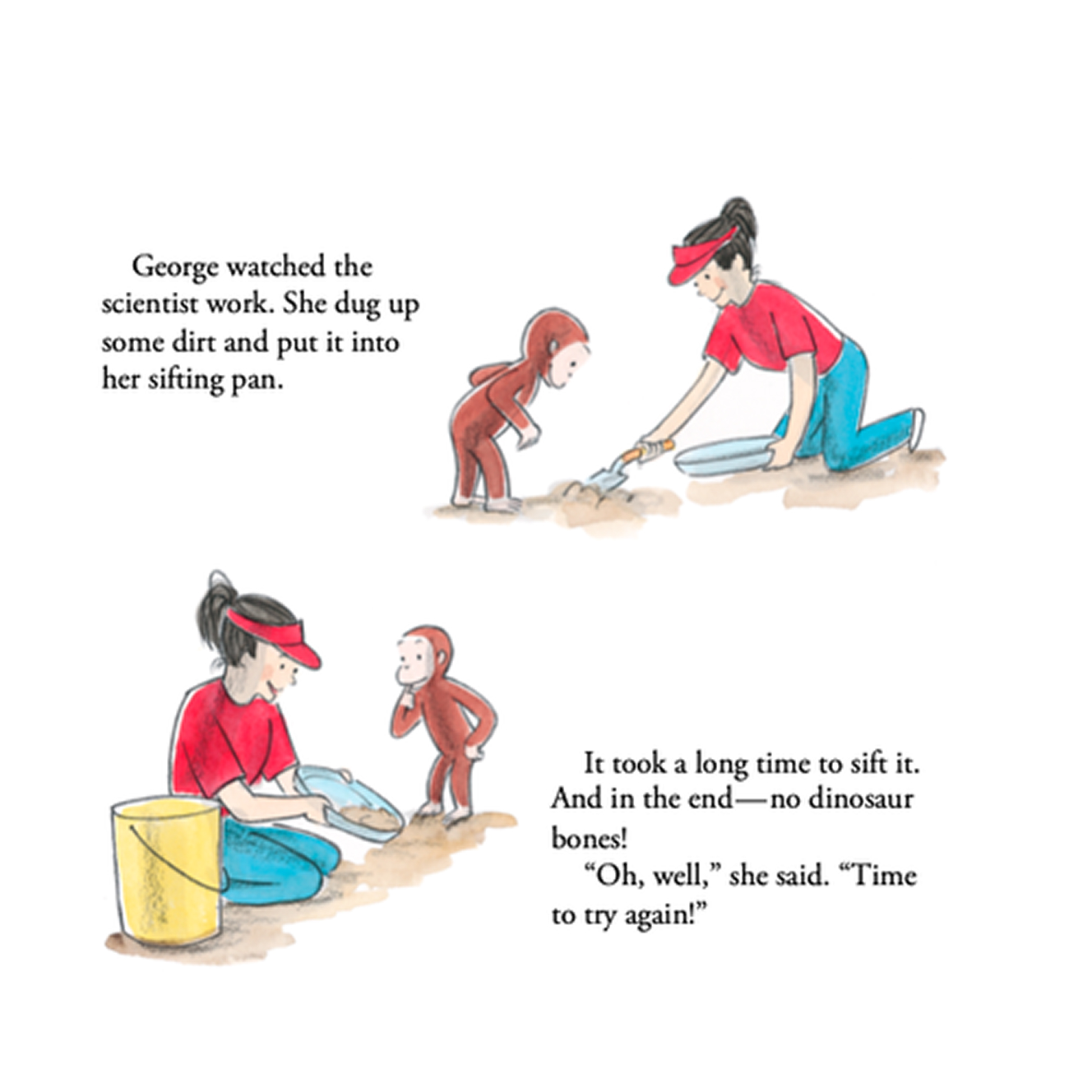 Illustration of a woman in a red shirt and visor digging dirt with a trowel and sifting it in a pan, watched by a small child in a brown monkey costume.