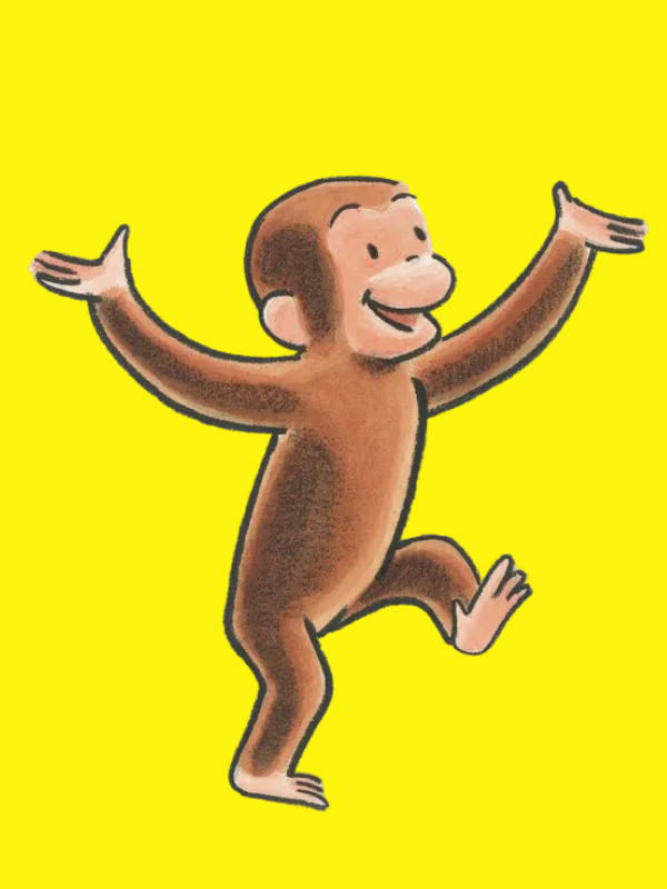 Illustration of Curious George the monkey standing on one leg with arms outstretched on a yellow background.