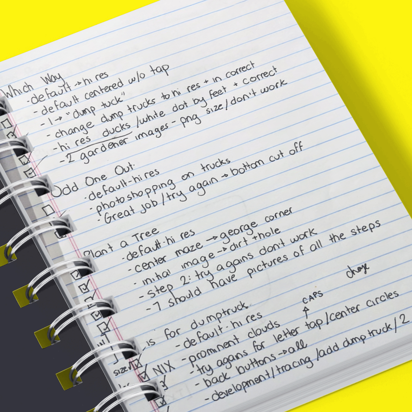 Close-up of a spiral notebook page with handwritten notes and checkboxes on tasks against a yellow background.